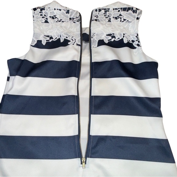 Madison Leigh Navy Blue Striped Preppy Nautical Yacht Lace Shift Dress - Picture 4 of 10